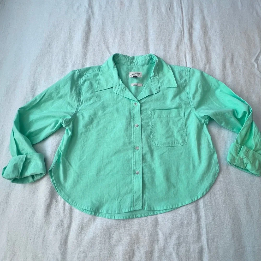 Universal Thread Lime Green Linen Blend Cropped‎ Button Down Shirt Womens Medium - Picture 4 of 8